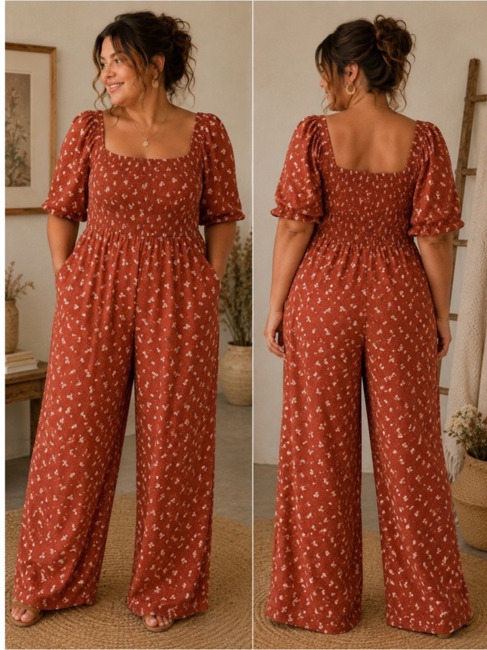 *RARE* Torrid Rust Floral Square-Neck Smocked Jumpsuit
